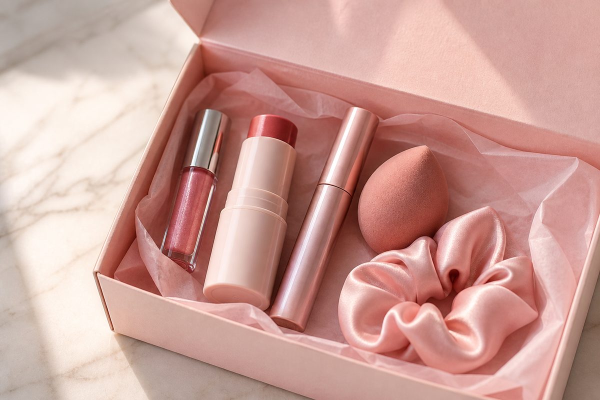 Caja rosa abierta con productos curados